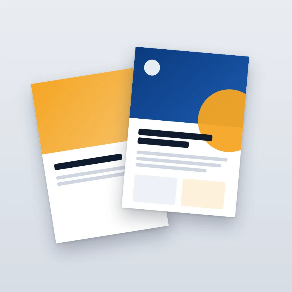 Illustration: two A5 flyers with a navy and an orange layout