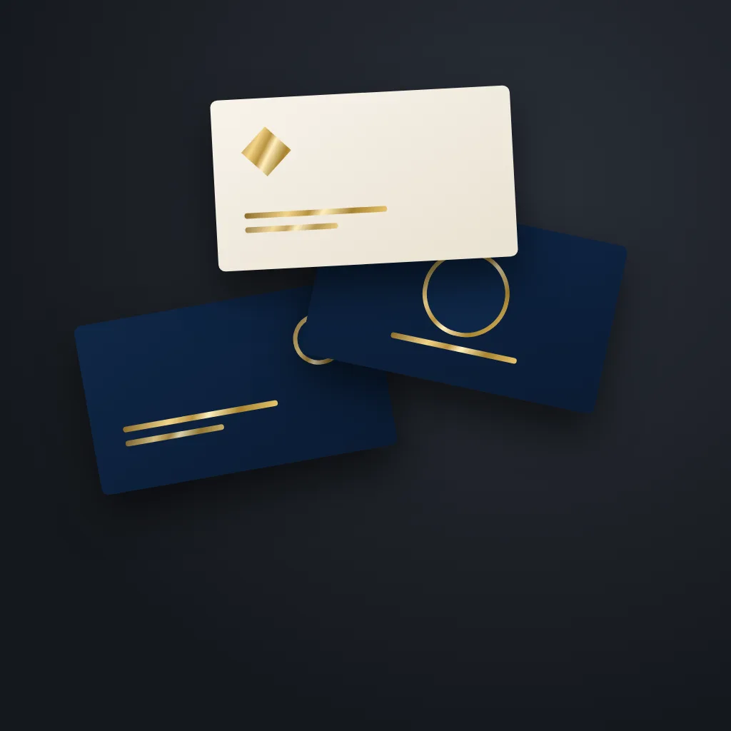 Illustration: navy and cream business cards with gold foil shapes