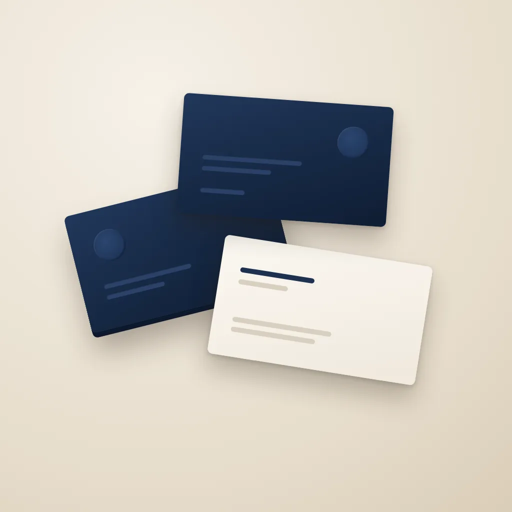 Illustration: navy soft-touch business cards and a cream card