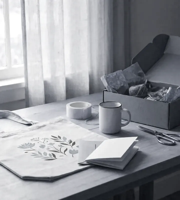 A printed tote bag, a mug, tape, scissors and a card on a wooden workbench beside a cardboard shipping box