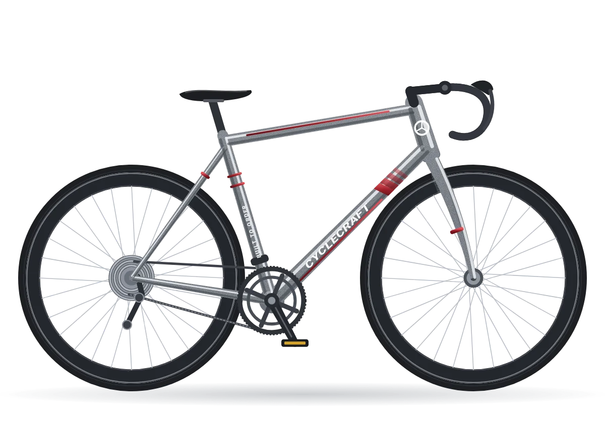 Road bike in dark silver metallic with red decals