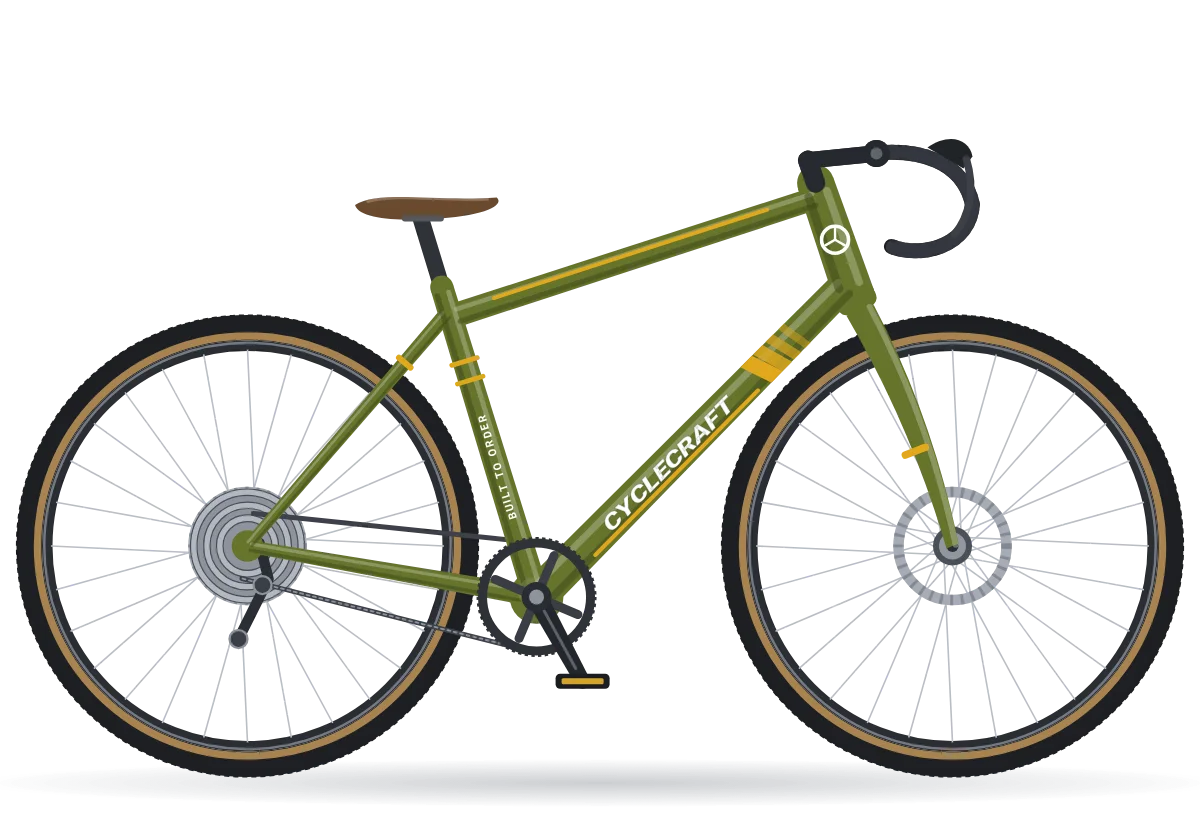 Gravel bike in olive drab with mustard decals