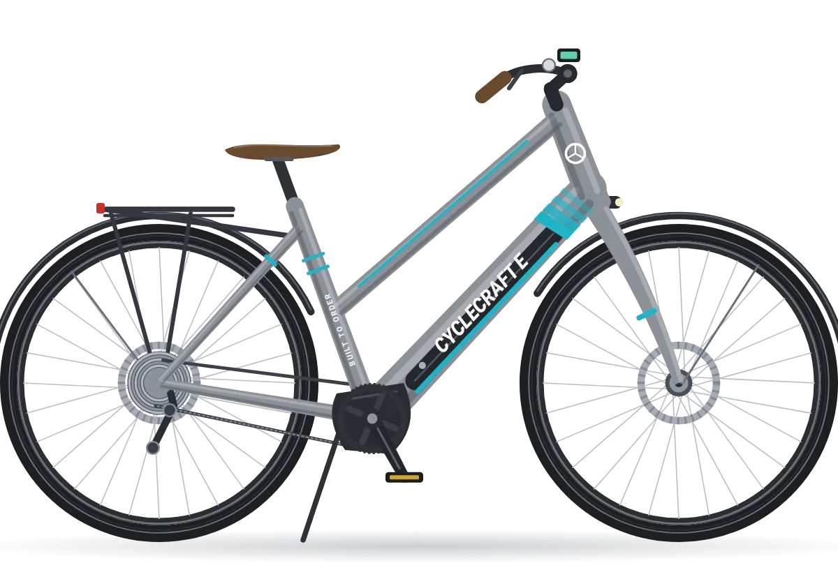Grey e-city bike with fenders and a rear rack