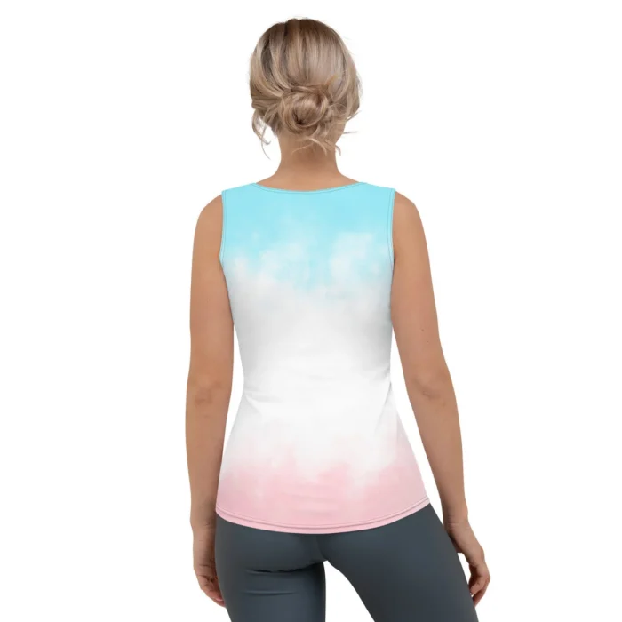 All-over print tank top in aqua and pink, back