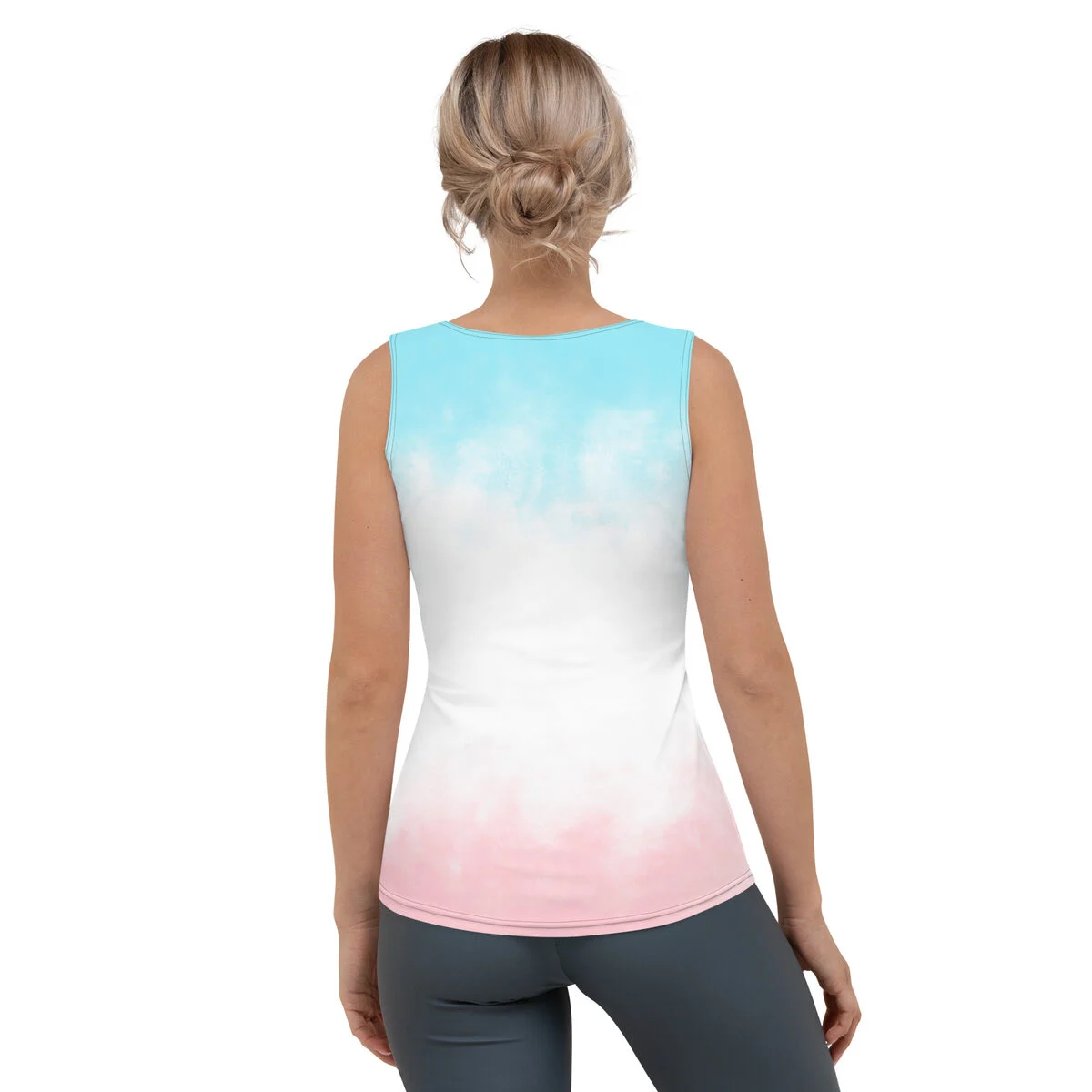 All-over print tank top in aqua and pink, back