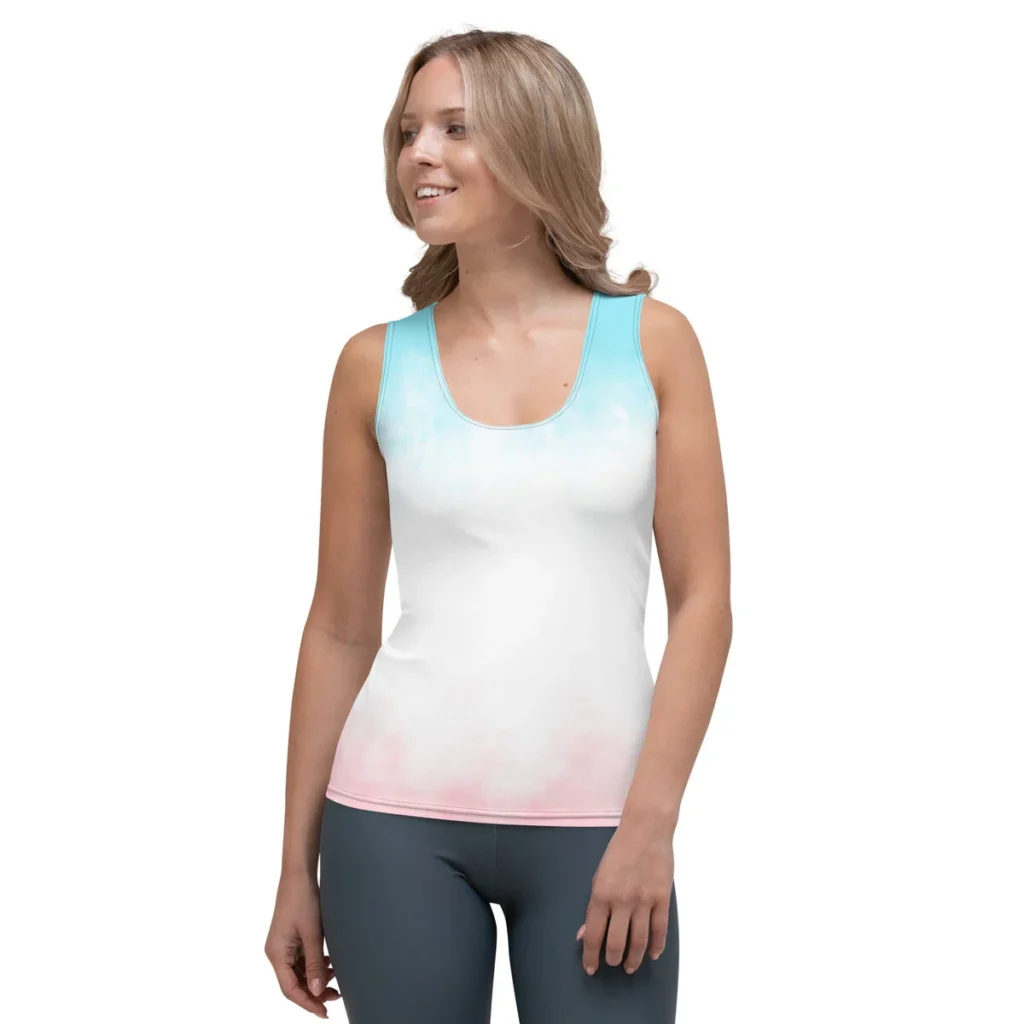 All-over print tank top in aqua and pink, front