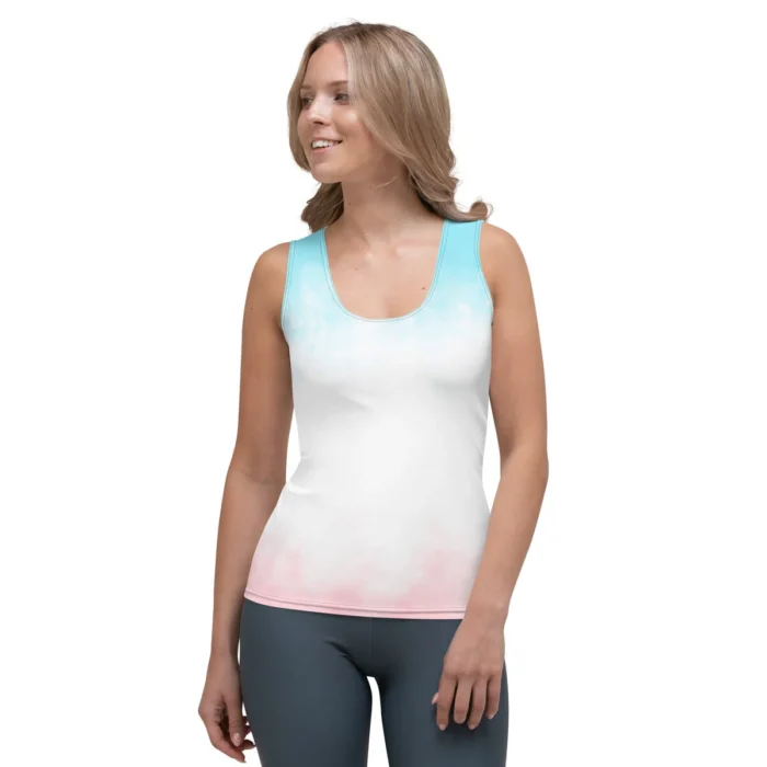 All-over print tank top in aqua and pink, front