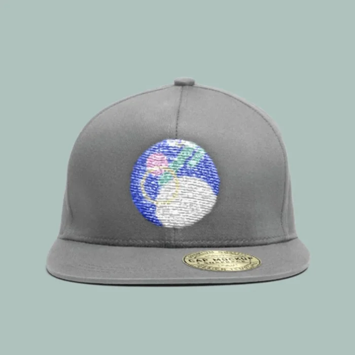 Grey snapback cap with an embroidered globe patch