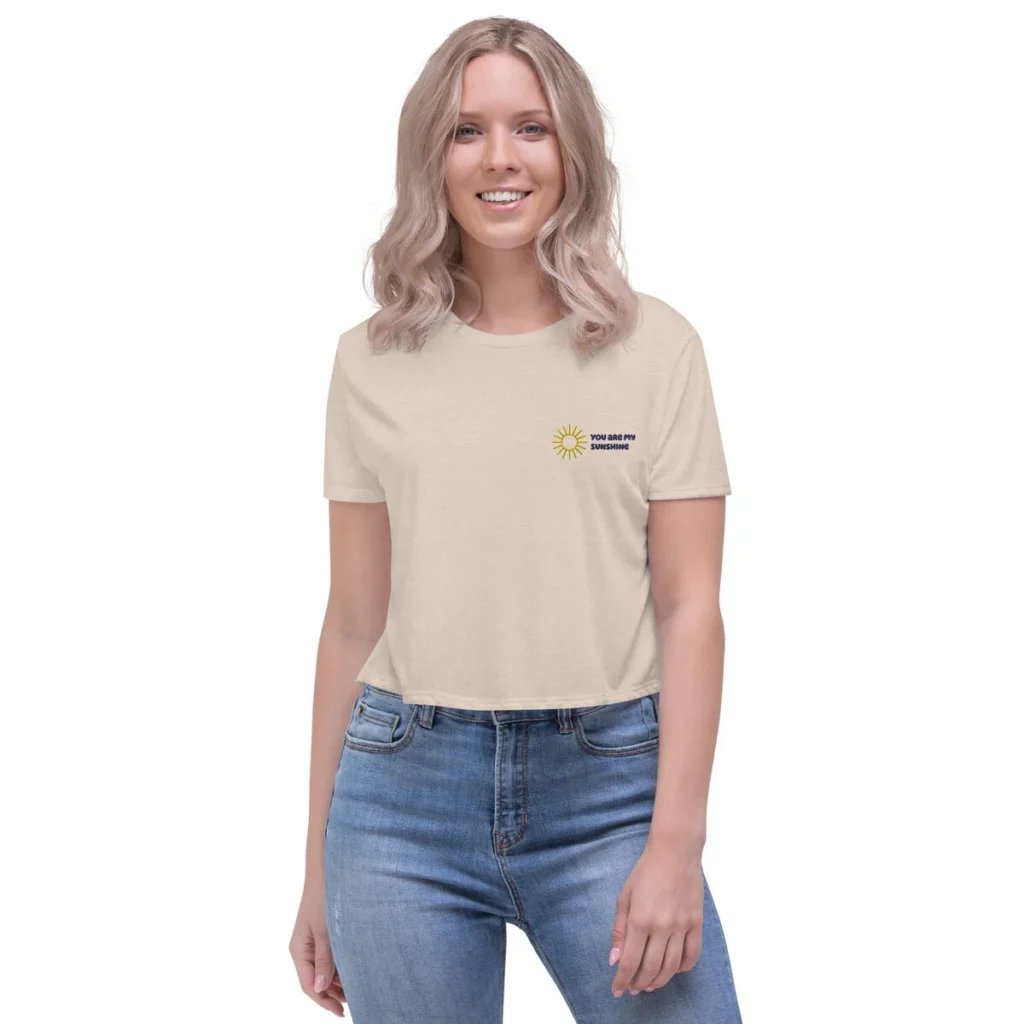 Heather dust flowy crop tee with a small sun print