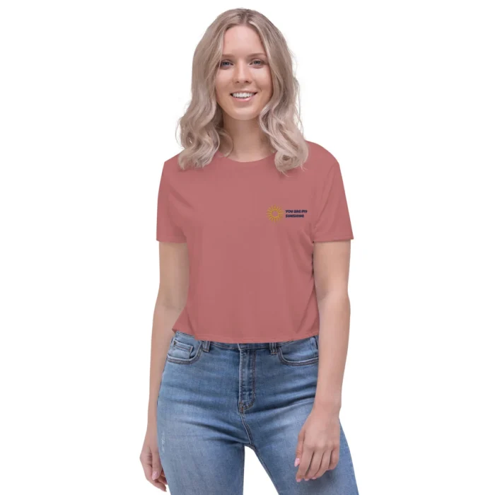 Mauve flowy crop tee with a small sun print