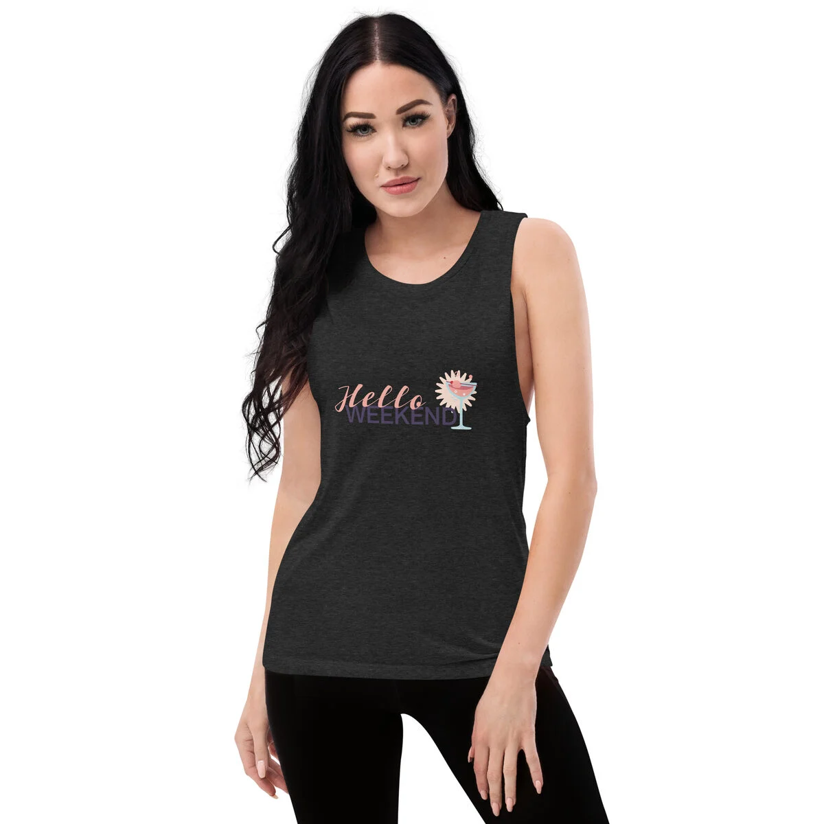 Black heather muscle tank with a small chest print