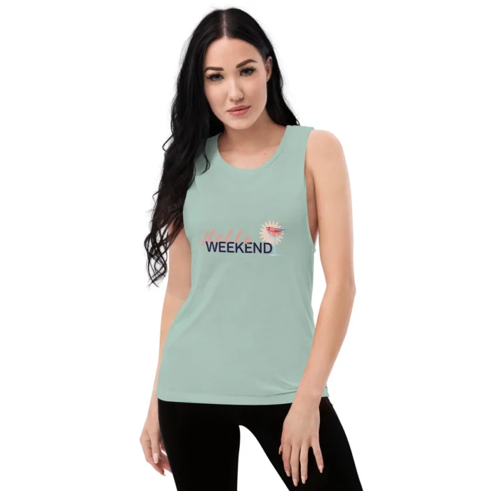 Dusty blue muscle tank with a small chest print
