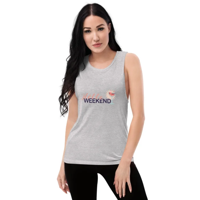 Athletic heather muscle tank with a small chest print
