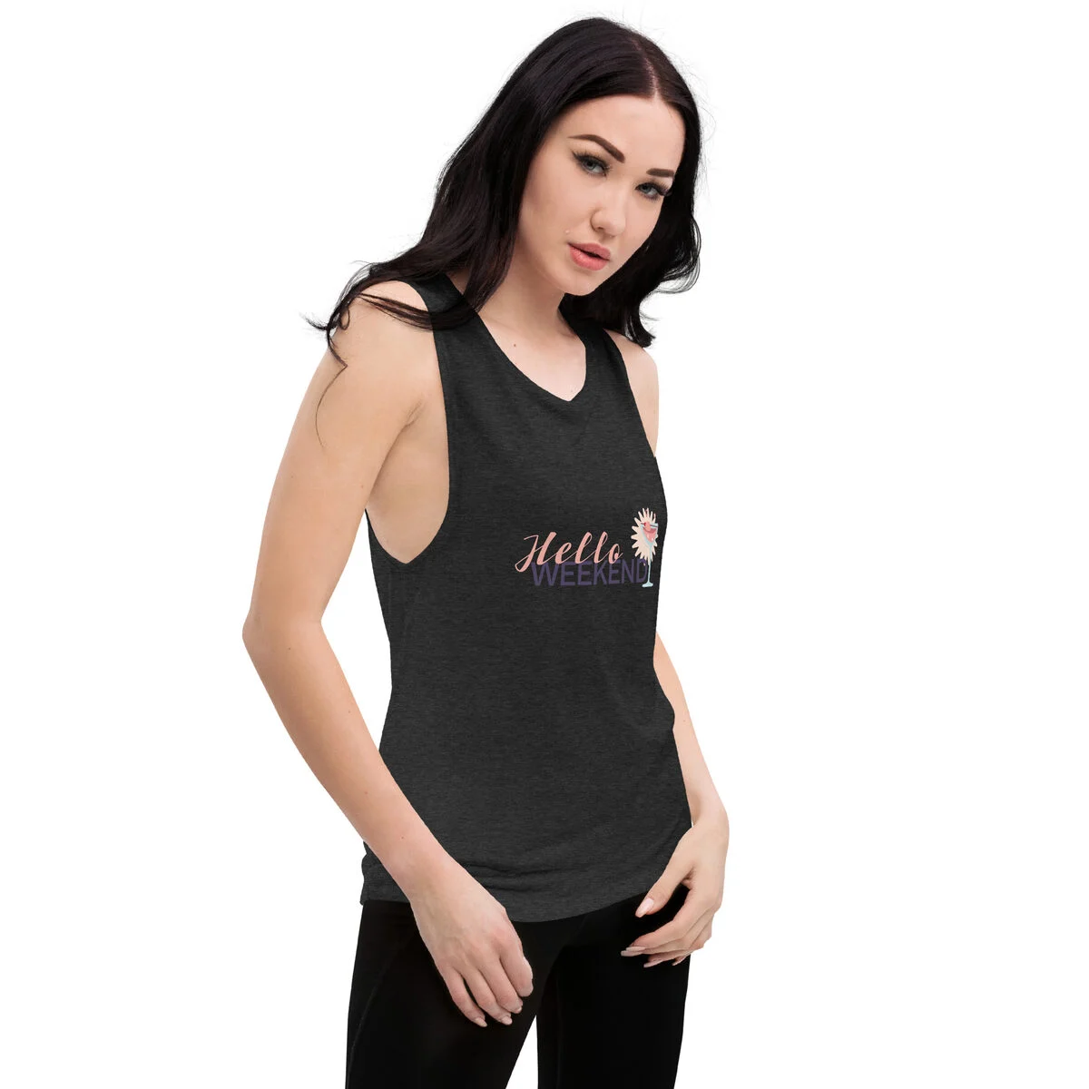 Black heather muscle tank, side view