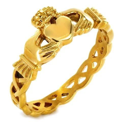 Gold claddagh ring with a crowned heart held by two hands