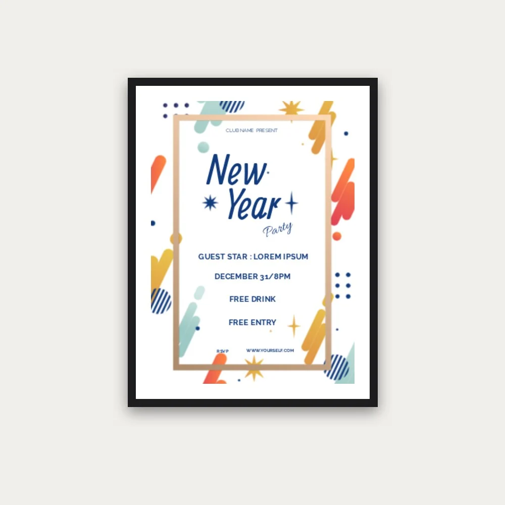 A framed New Year party poster