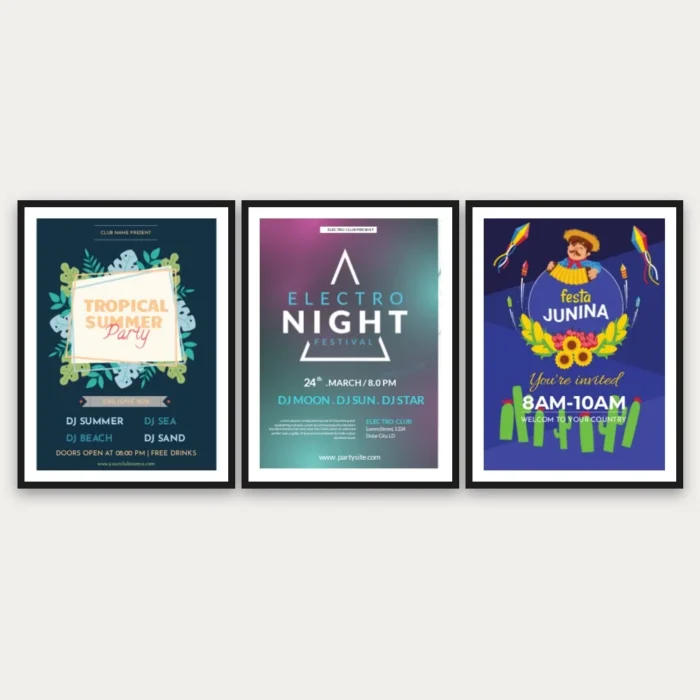 Three framed event posters: a tropical party, an electro night and a festival