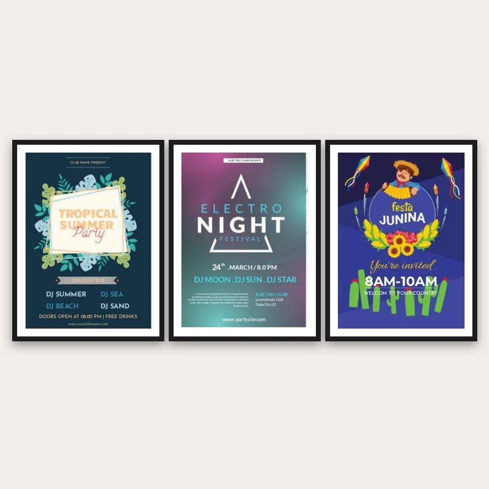 Three framed event posters: a tropical party, an electro night and a festival