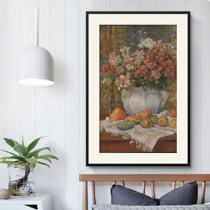 A framed still life with flowers on a white wall