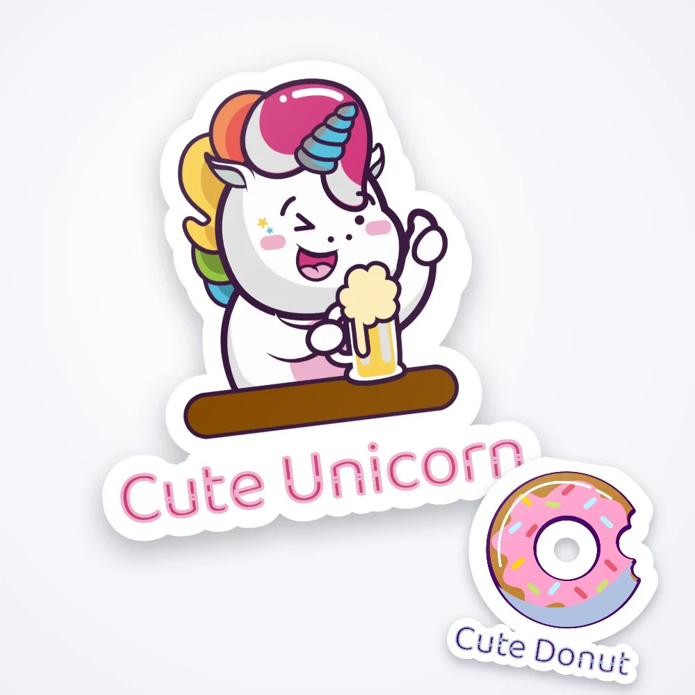 A die-cut unicorn sticker and a donut sticker