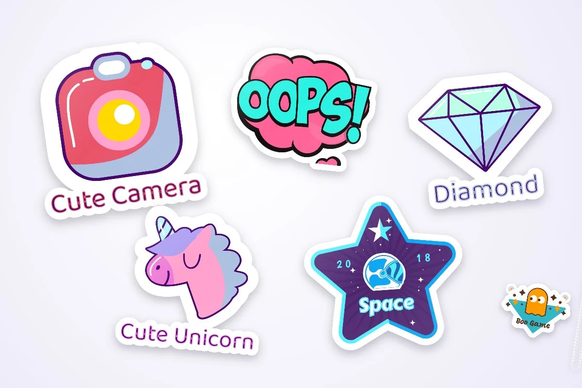 Die-cut stickers in the shapes of their designs