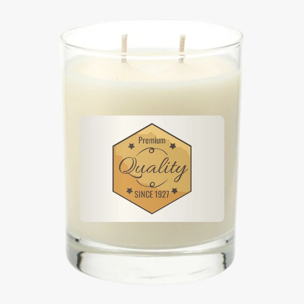 A candle jar with a hexagon label