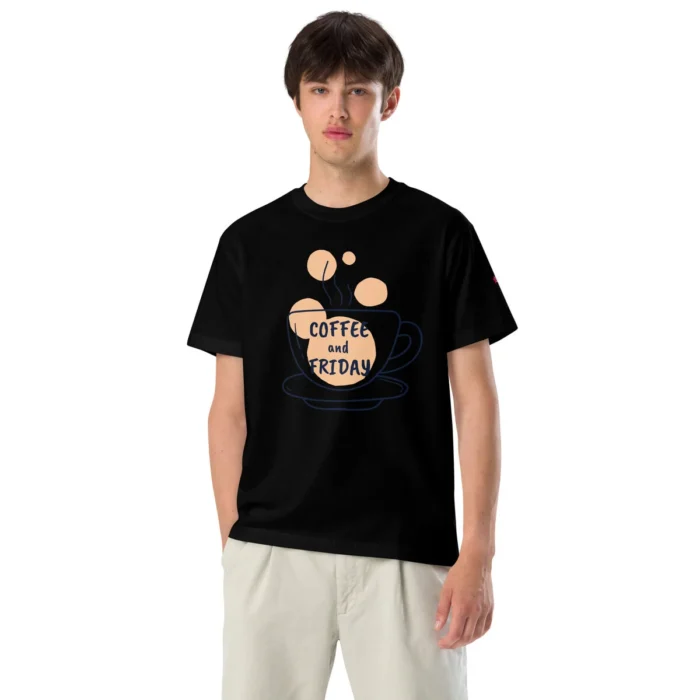 Person in a black tee with a coffee cup graphic