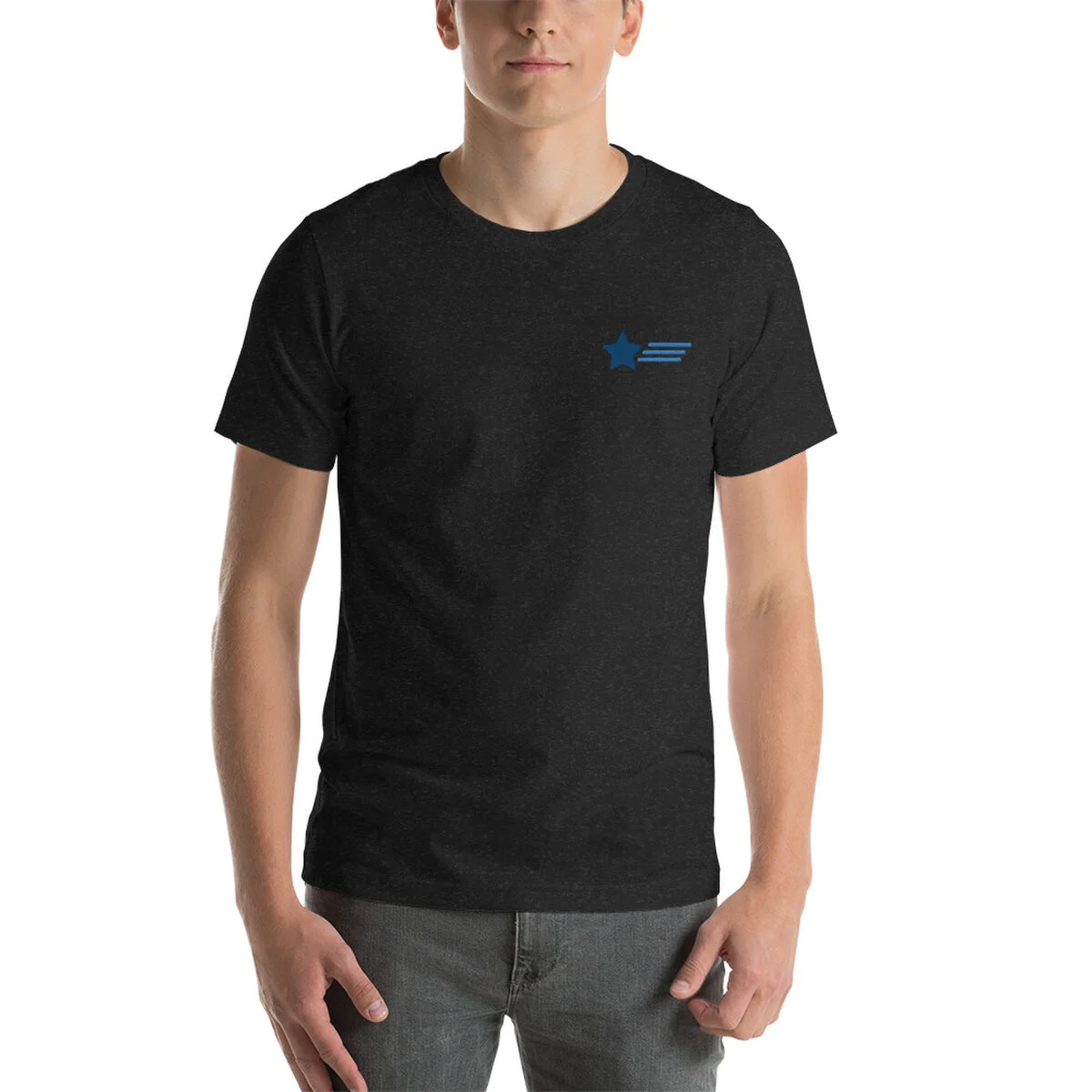 Black heather tee with a small star and stripes mark on the chest