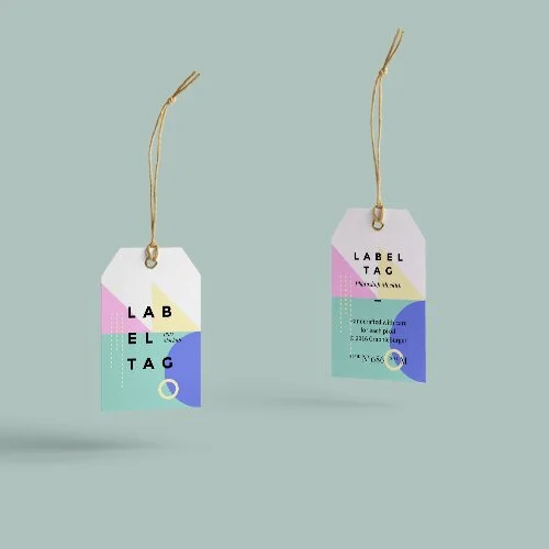 Two printed hang tags on strings