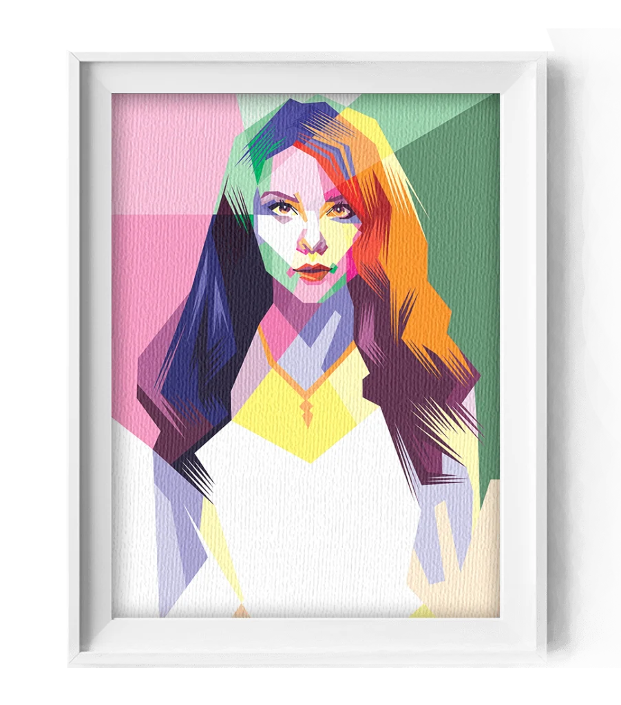 Framed pop-art portrait of a woman with colorful hair