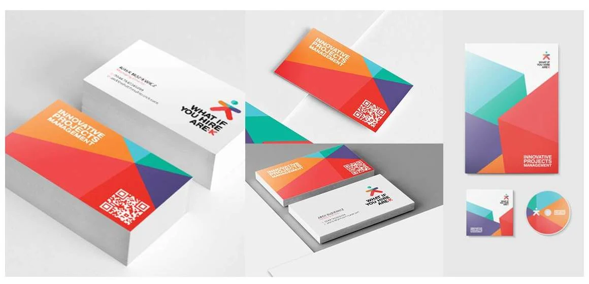 Business cards, a presentation folder and a CD sleeve printed with the same colourful brand design