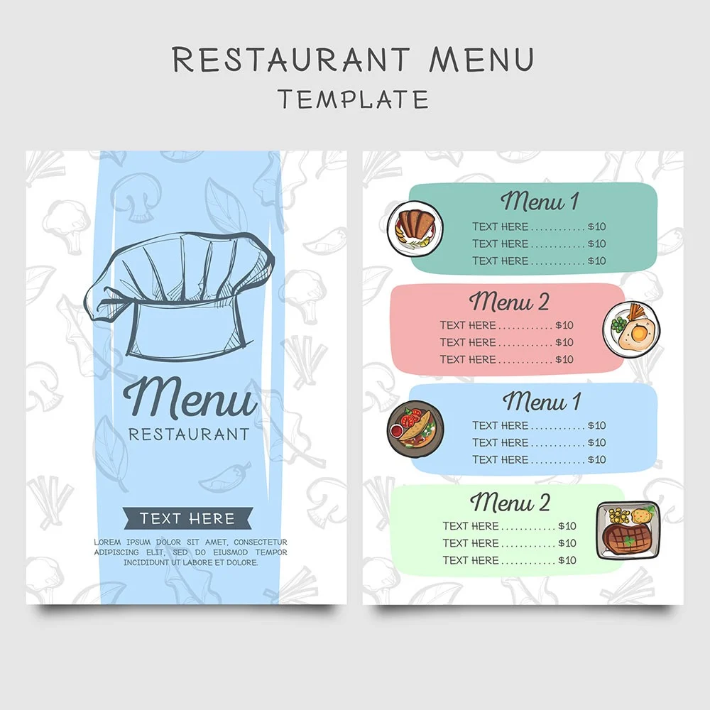 Printed restaurant menu, front and back