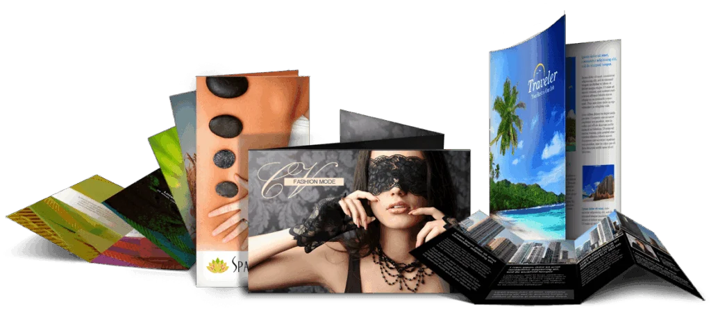 Fan of printed tri-fold brochures and catalogues