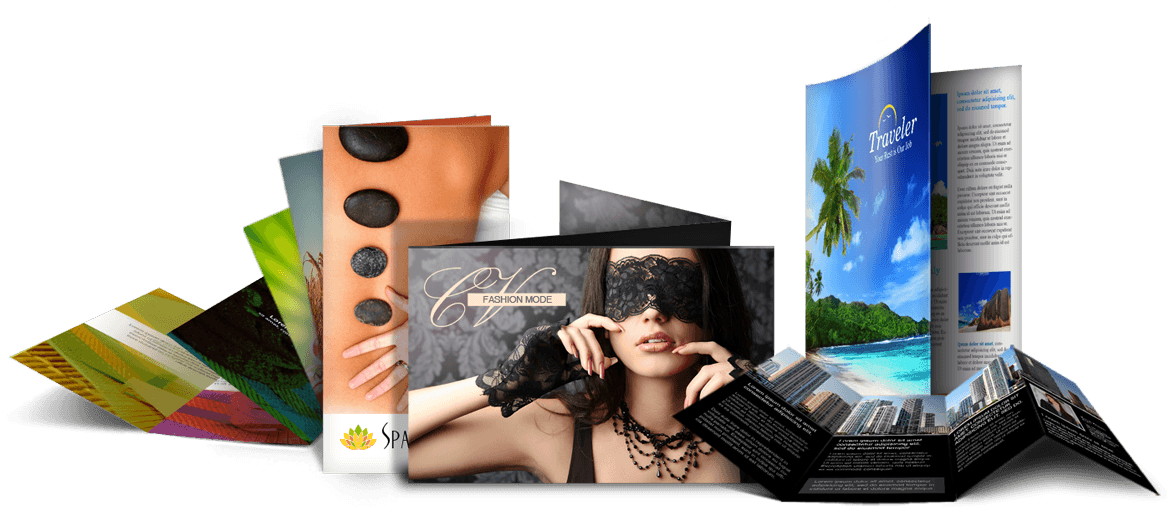 Fan of printed tri-fold brochures and catalogues